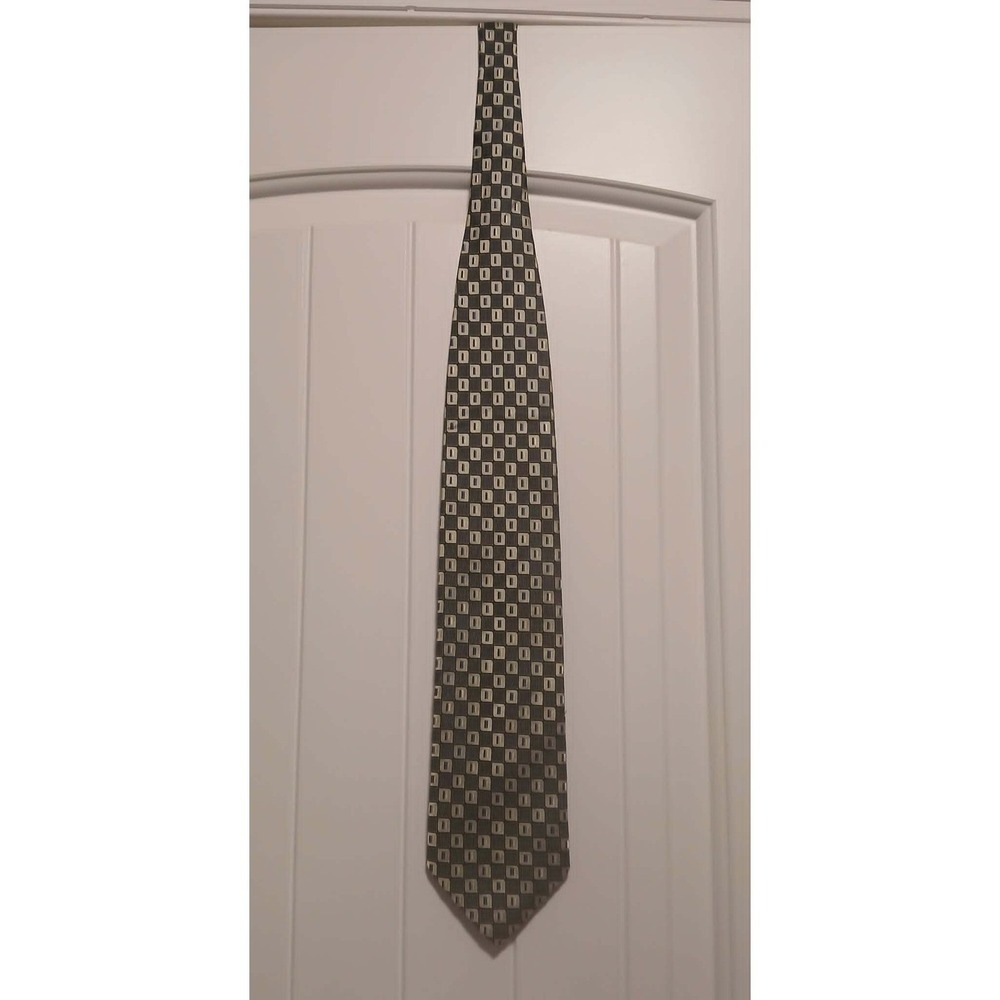Roberto Villini Couture Mens Silk Tie Olive Green Black Geometric Square Pattern - Picture 1 of 3